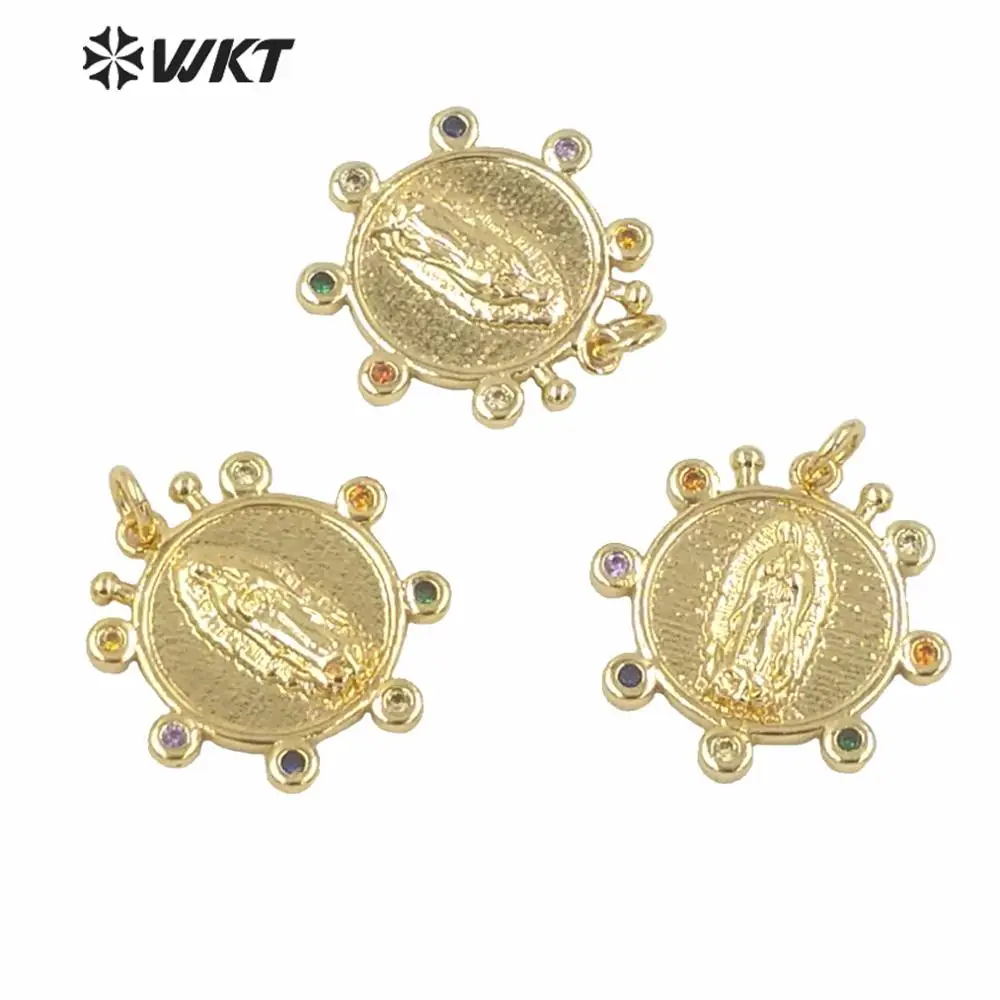 WT-MP148 Colorful cubic zircon round pendant metal holy mary jewelry pendant full gold plated mother of god religious pendant