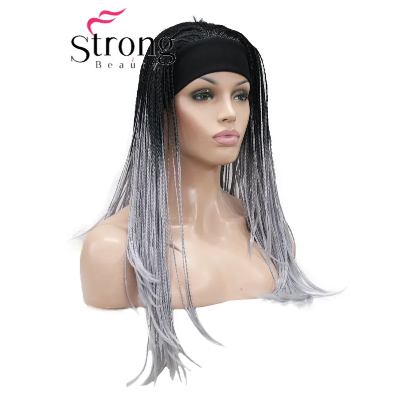 StrongBeauty Long Gray With Dark Roots Ombre Braided 3/4 HEADBAND Full Synthetic Wig Box Braids Wig Coverage Wigs COLOUR CHOICES