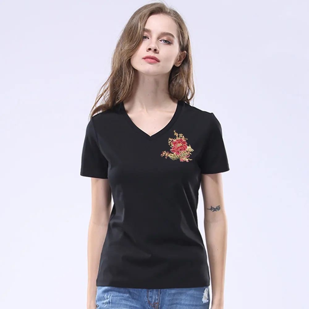 Paillette Peacock Embroidery T shirt Women 2024 Summer Short Sleeve Sequin Tees Modis Tshirt Basic Tops Cotton Tee shirt Femme