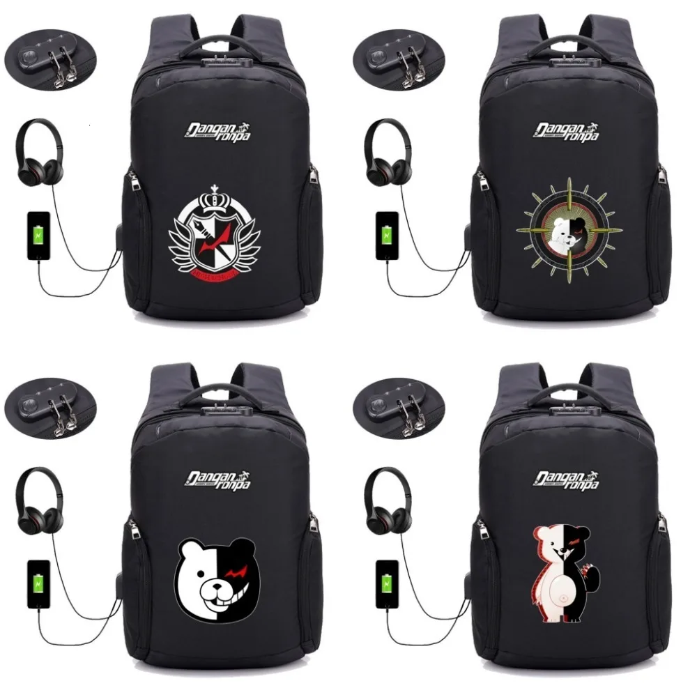 anime Cartoon Danganronpa  backpack men Laptop Travel bag USB charging Anti thief waterproof Children school book kanpsack