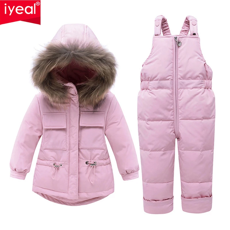 IYEAL Baby Kids Girl Clothing Sets Russia Winter Real Fur Hooded Coat + Overalls Jumpsuit Snow Children Ski Suit 1 2 3 4 Years
