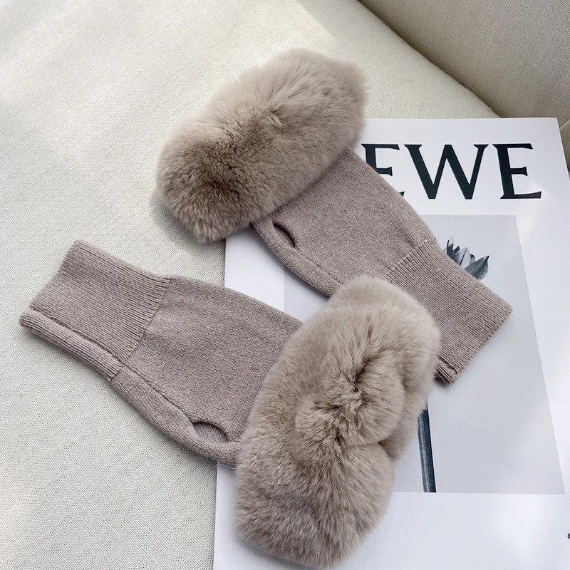 ZDFURS*Rex Rabbit Fur Knitted Gloves Women's Winter Korean Ins Cute Open Finger Fur Flashlight Fur Half Finger Warm Gloves