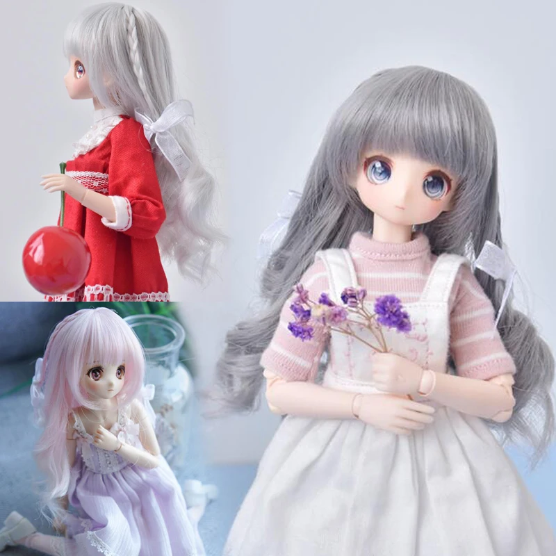 

Детская игрушка, BJD DD SD MSD 1/8 1/12 ob11, аксессуары для кукол, парик, серая, розовая тесьма, длинные вьющиеся волосы, 1 шт.