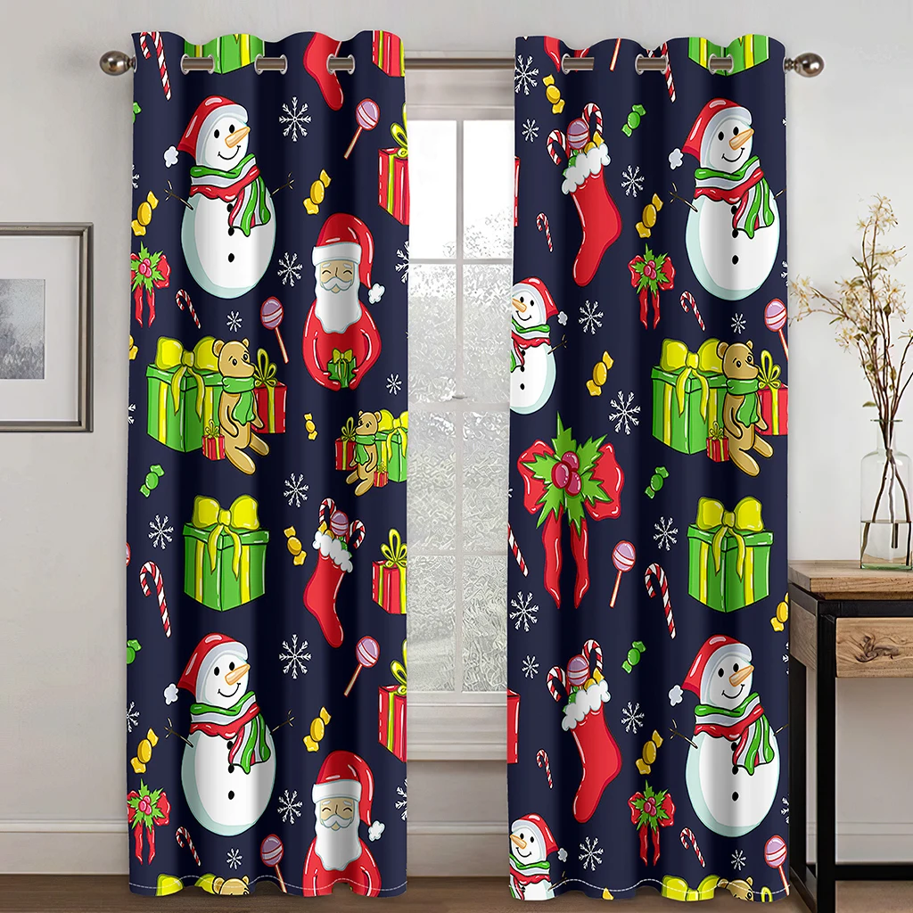 Christmas Decoration Curtain 3D Santa Claus Polyester Fabric Curtain Snowman Pattern Festive Atmosphere