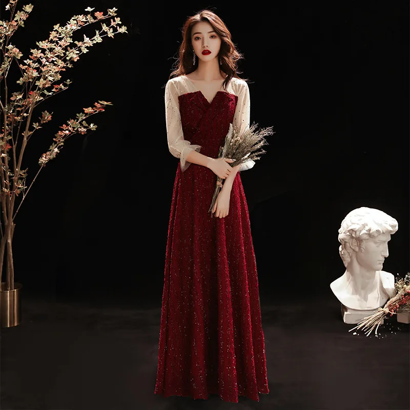 Toast Dress Bride Burgundy New Wedding Spring And Autumn New Style Usually Wear Night Dress Summer Thin Section