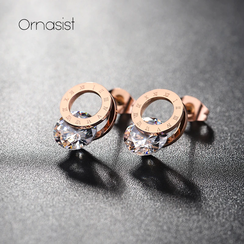 Luxury Zircon Stainless Steel Earring Romantic Roman Numeral Circle Ladies Earrings Classic Rose Gold Color Women Jewelry