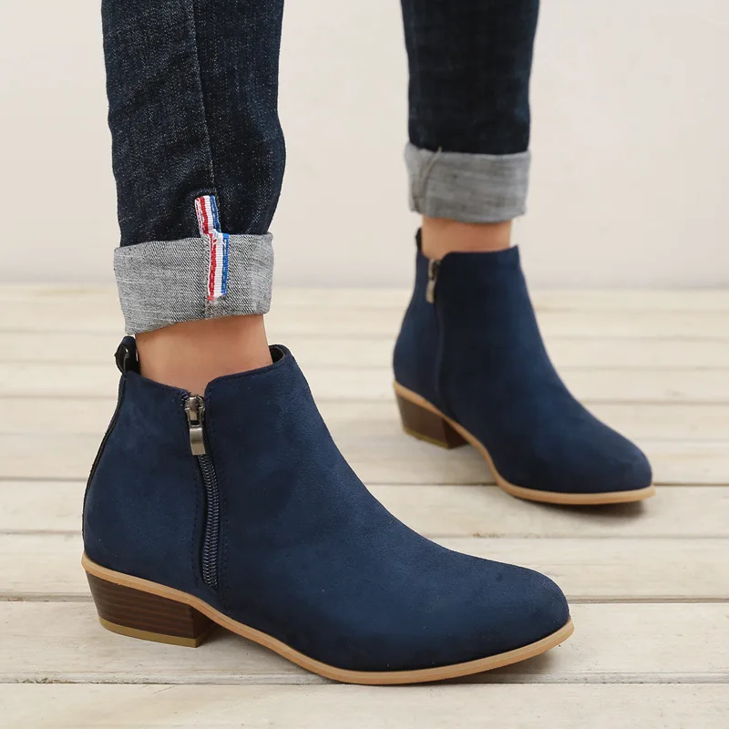 gyh Spring Women Ankle Boots Square Mid Heel Zip Shoes Woman Pointed Toe Shoes Female Classic Blue Autumn Boots Plus Size