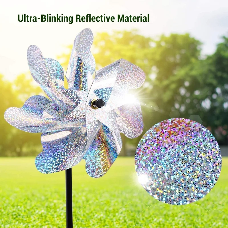 Moinho de vento Bird Repeller, Jardim Gramado, Quintal Deterrent, Pinwheel Prata, Ferramentas reflexivas, Sparkly Pinwheels, 5pcs