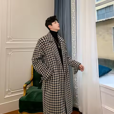 2022 Autumn England style long section Houndstooth plaid trench men casual loose grid Windbreaker coats for men M-XL