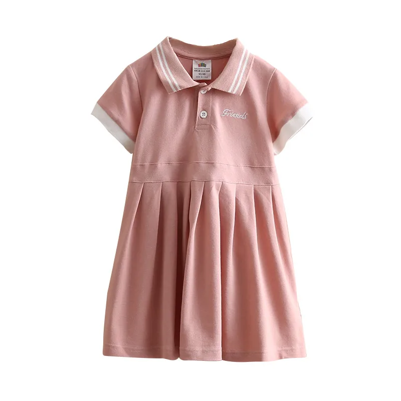 2024 Summer European American Style 3 4 6 8 10 12 Years Children Turn-down Collar Cotton Short Sleeve Kids Baby Girls Dress