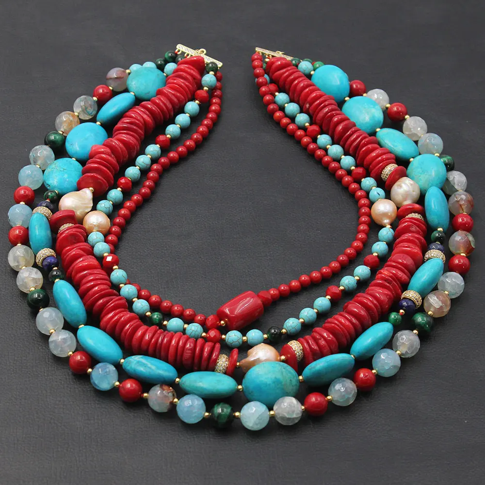 GG 5 Rows Freshwater Keshi Pearl Howlite Rondelle Tiger eye Red Coral Lapis Crystal Statement Necklace Handmade For Women