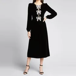 High Quality Newest Nice Designer Runway Dresses Women's Elegant Long Sleeve  Beading Bow Velvet Long Dress