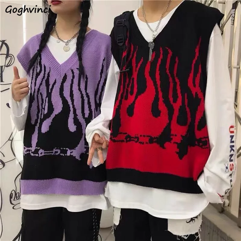 Sweater Vest Women Design Panelled High Street Harajuku V-neck Flame Pattern Knitted Sleeveless Sweaters Hip Hop Ulzzang Unisex