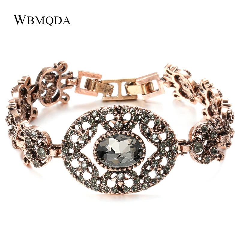 WBMQDA Hot Vintage Cuff Gray CZ Stone Flower Bangle Antique Gold Color Bracelets For Women Ethnic Bride Wedding Jewelry