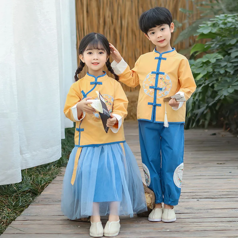 

Kids Children Chinese Style Embroidery Tang Suit Girls Cheongsam Hanfu Dress Boys Qipao Tops Pants Yellow Pink Oriental Clothing