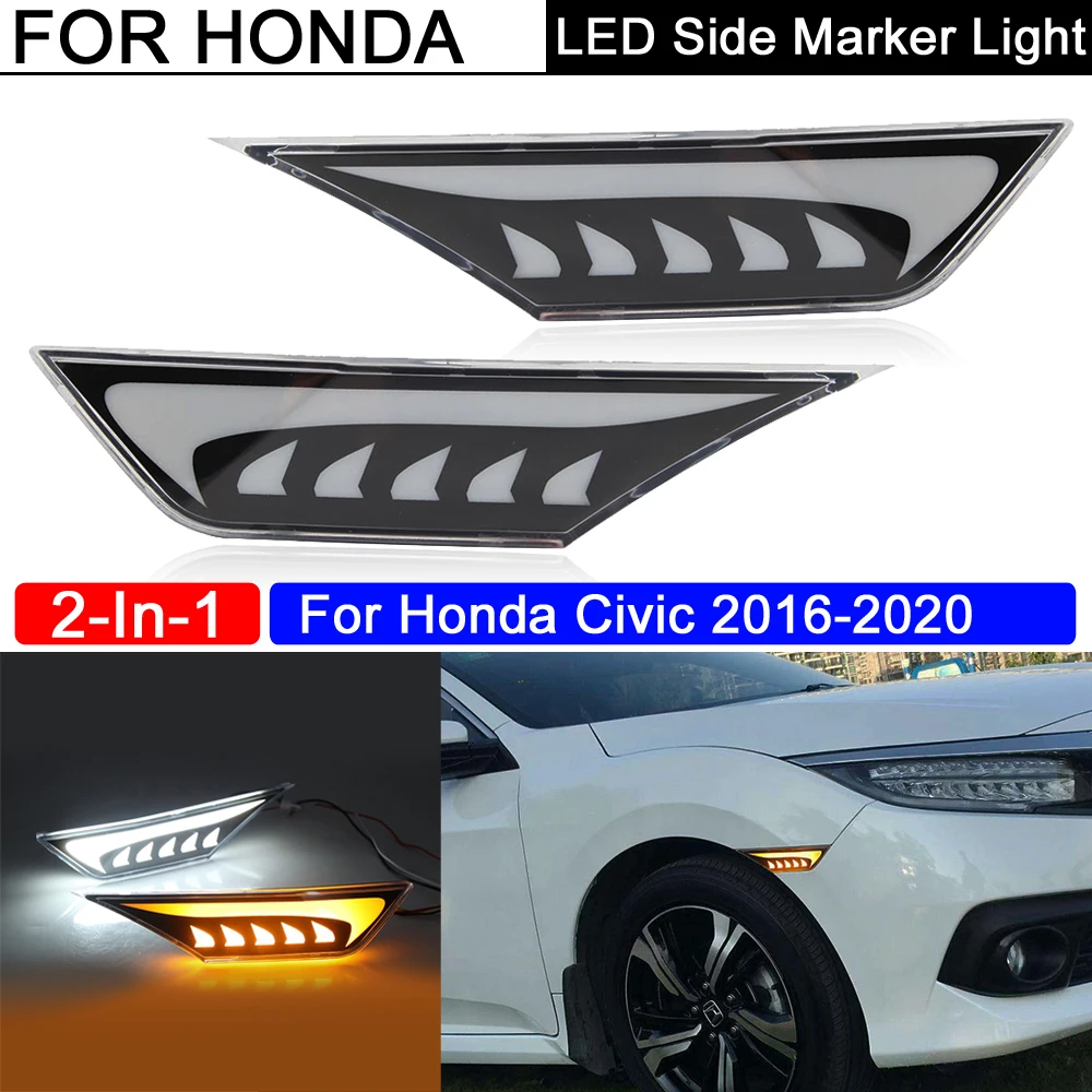 

2Pcs LED Side Marker Lamp Amber Turn Signal Light White Running Position Lights For Honda Civic 2016 2017 2018 2019 2020