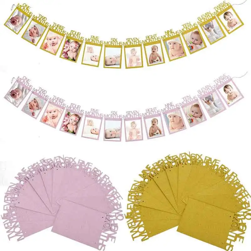 Boy girl 1st Birthday 12 Month Photo frame banner garland flags baby shower Photo Bunting one First Birthday Party Decorations