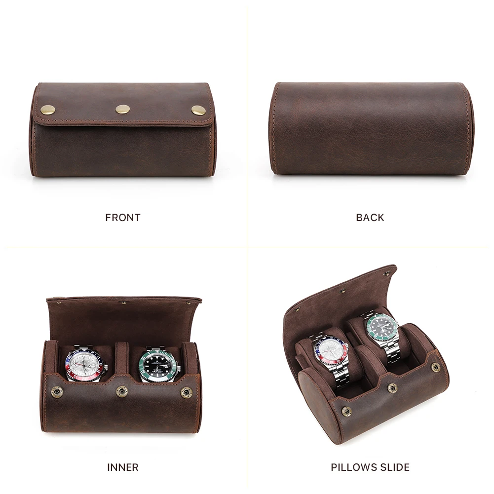 Vintage Leather 2 Slots Watch Roll Travel Case Chic Portable Display Watches Men Storage Box with Slid in Out Watch Organizers