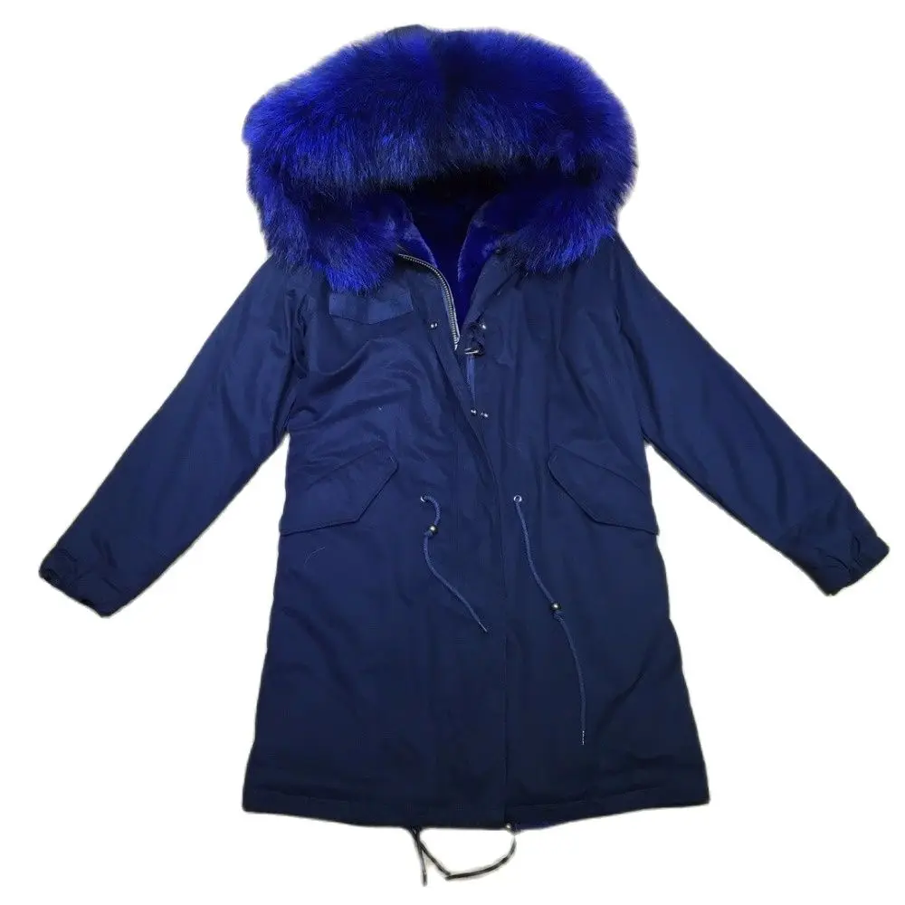 

Mhnkro Navy Parka Deep Blue Furs Winter Natural Collar Long Length Winter Faux Fur Lined INS Fur Parka