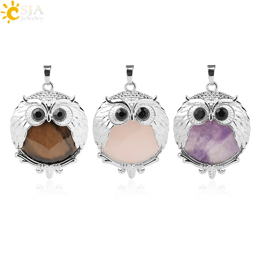 CSJA Natural Stone Cute Owl Animal Pendants for Necklaces White Crystal Pendant Pink Quartz Opal Lapis Lazuli Reiki Jewelry G802