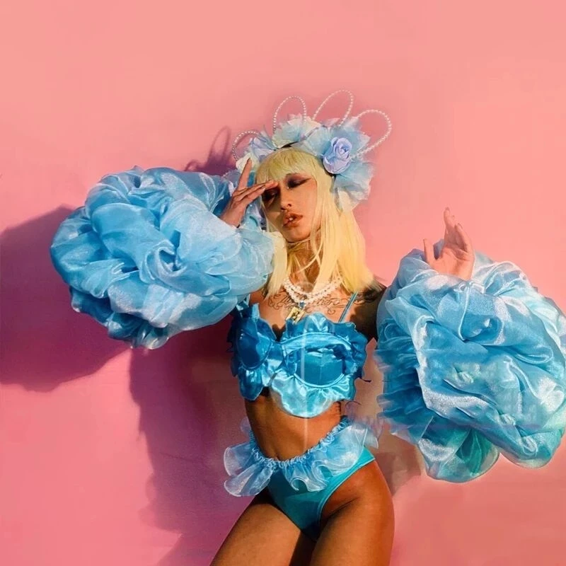 Chanteur de discothèque gogo saint valentin Bar fête spectacle Performance Costume rose bleu fleur Bikini tenue