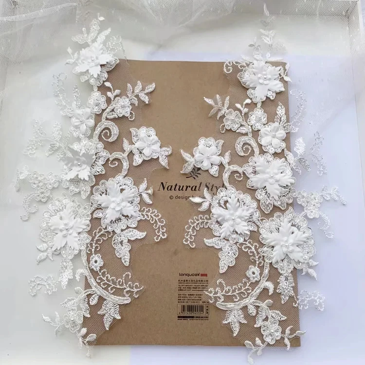 

3D Bead Flower Embroidery Applique Lace For Wedding Dress Applique Medallions Piece Lace
