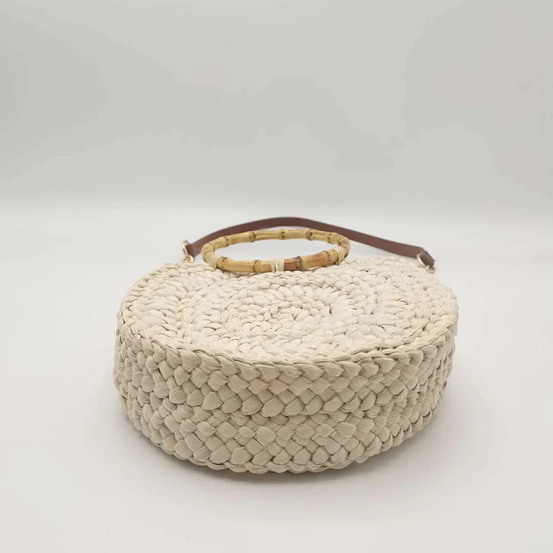 Handmade Round Women\'s Chain Crossbody Bag Bamboo Handle Handbag Bohemian Summer Beach Bags Female Woven Tote Straw Bag