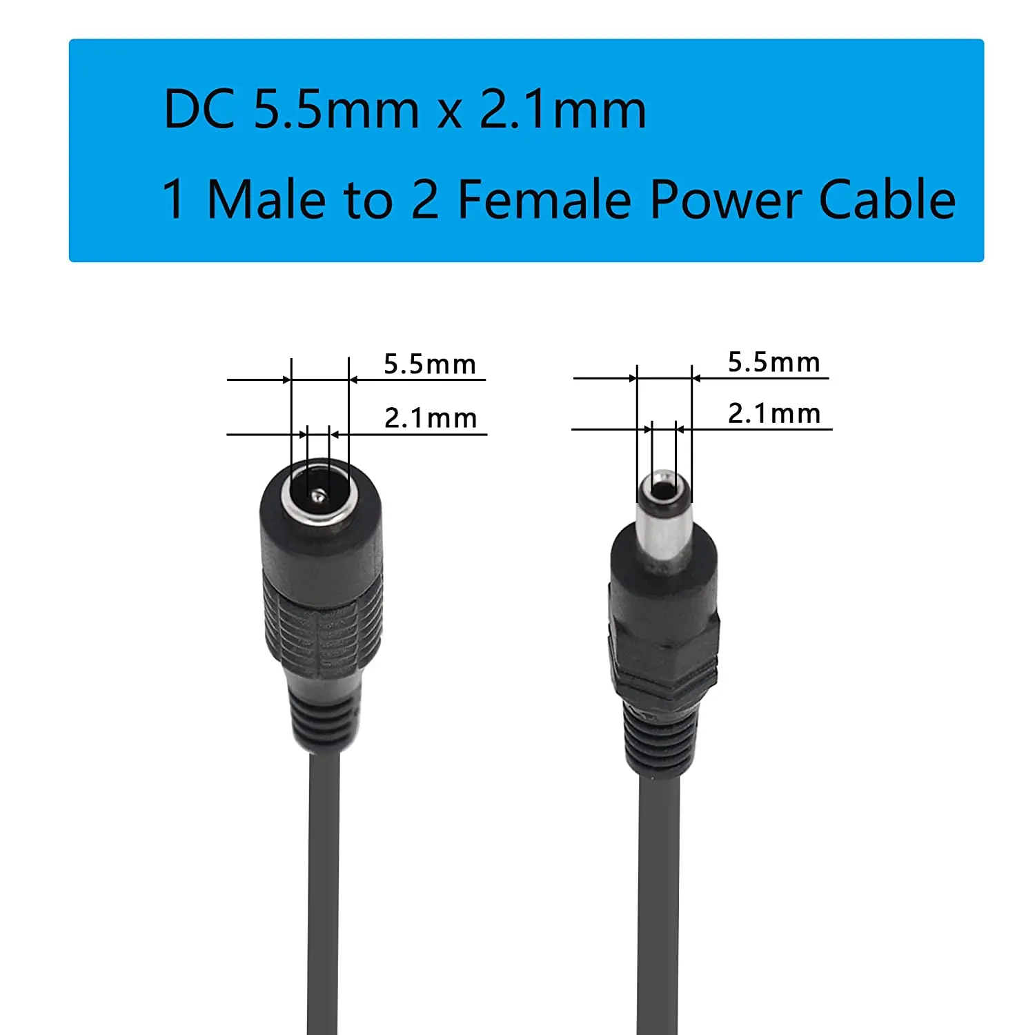 2pack DC Y Splitter Cable 1 Male to 2 Female,5.5mm X 2.1mm DC Power Extension Adapter Cable, for CCTV Surveillance Cameras