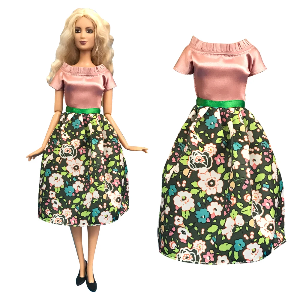 NK 1 Pcs Fashion Dress for Barbie Clothes Dolls Accessories Daily Casual Wear Skirt Flower Pattern Doll Clothes Kids Toy