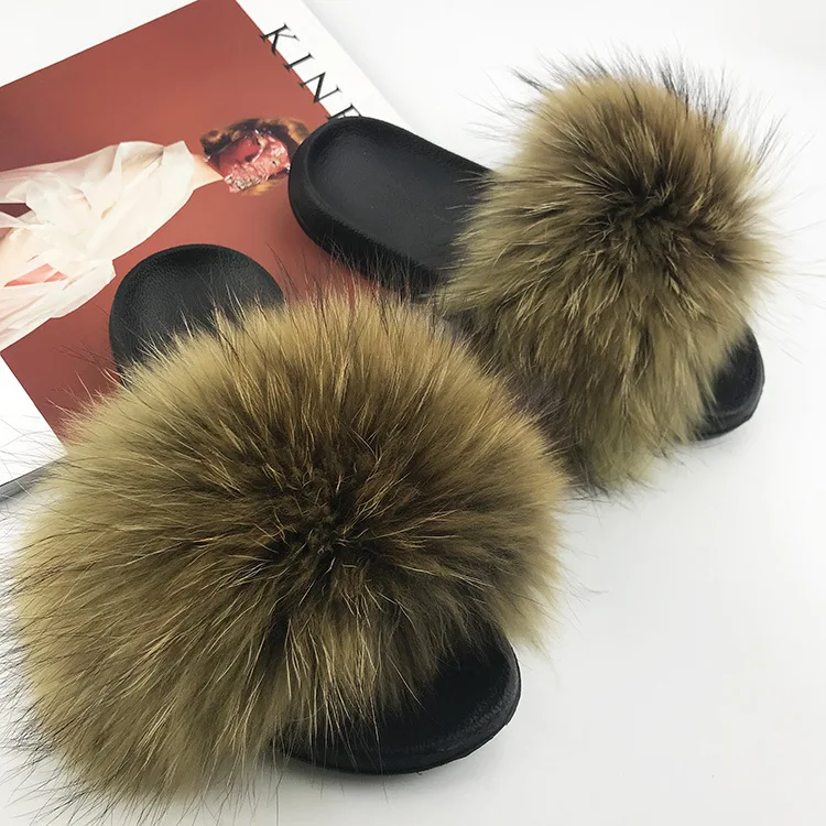 Wholesale 100% Real Fox Slippers Kids Winter Fur Child Home Slides Girls sliders Raccoon Fluffy Chinelo Flats Beach Summer