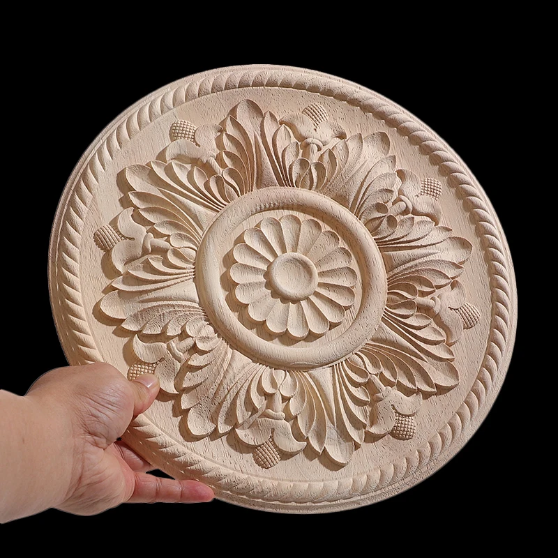 Round Flower Exquisite Carving Natural Wood Appliques Furniture Wooden Mouldings Vintage Unpainted Accessories Decoration Decal