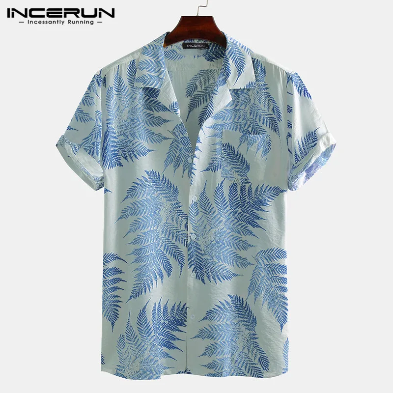 INCERUN Hommes Manches Courtes Revers Imprimé Chemise Motif Du Cuir oral elu Tropical Floral Chemise Décontractée D\'été Hawaïenne Vacances Camisa