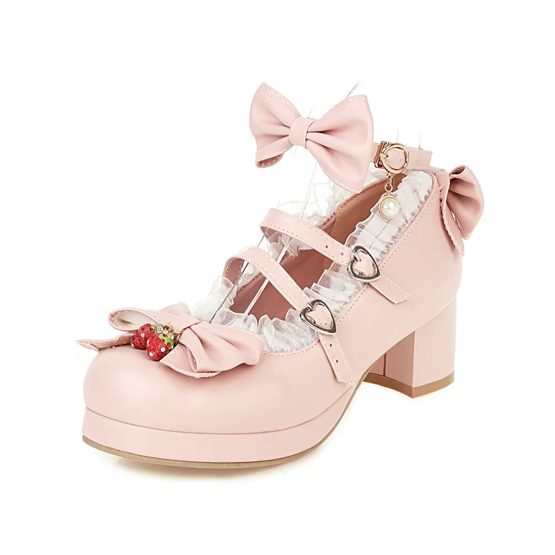 

Woman's High Heel Vintage Lolita Shoes Bowknot Mary Jane Shoes JK Cosplay Dress Uniform Pumps Ankle Strap Lace Ruffles Wedding