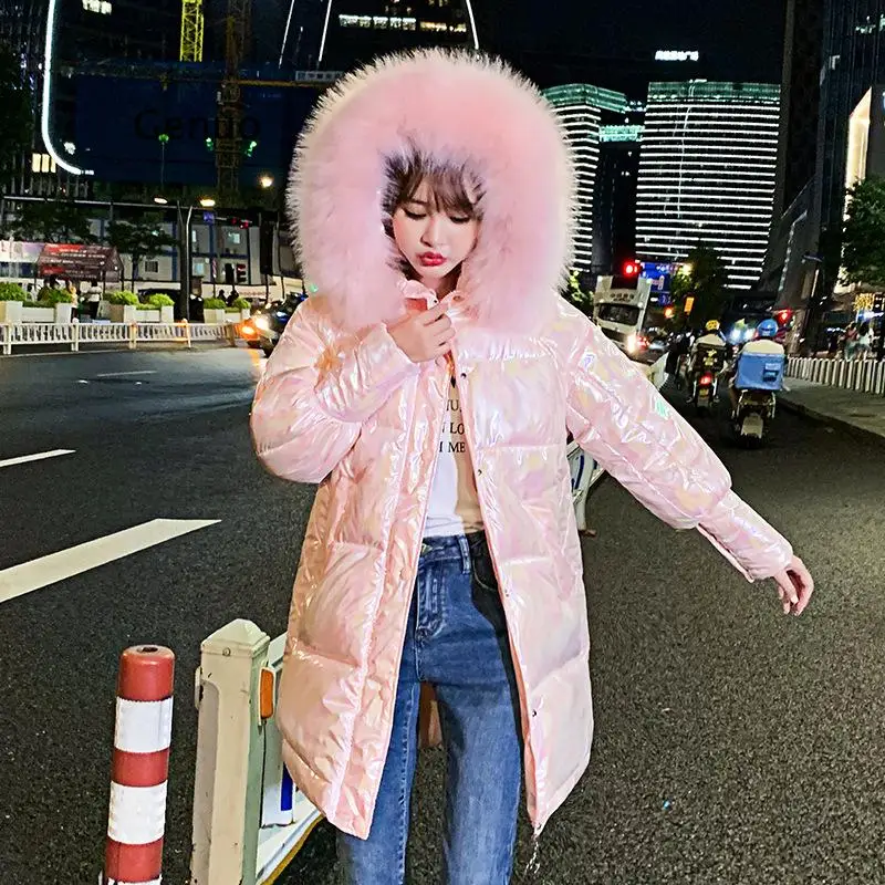 Winter Glossy Jacket Voor Vrouwen Rose Red Parka Vrouwelijke Brood Winter Down Parka Parka Katoen Gewatteerde Shiny Waterprooft Jas