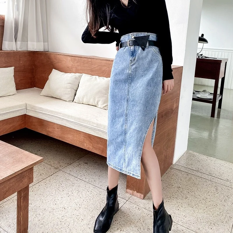 

New Summer Elegant High Waist Vintage Denim Skirt Office Lady Pockets Split Korean Style Fashion Womens Casual A-Line Skirt