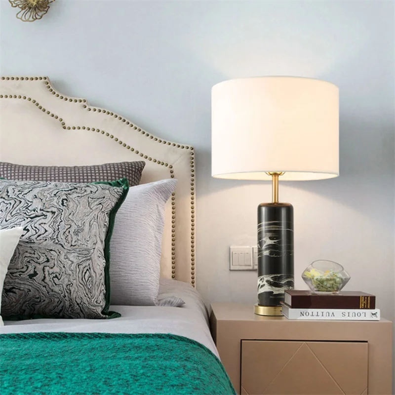 OURFENG Modern Table Lamp Black Marble Luxury Decorative Design LED Desk Light Home For Foyer Bed Room Office
