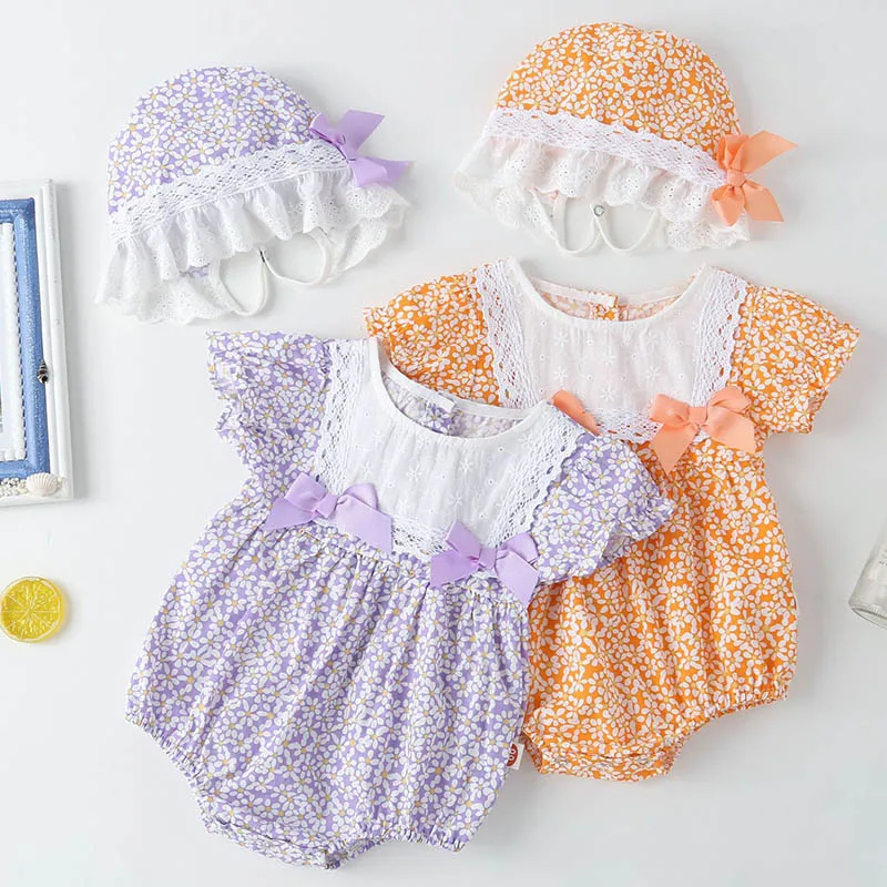 Lace Stitching Flower Printing Bodysuits+Hat Summer Infant Baby Girls Jumpsuit Cotton Short Sleeve Baby Girls Clothes