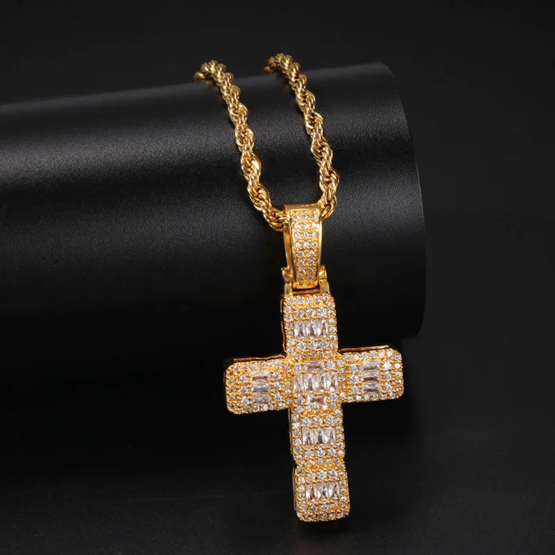 Collar de cruz de Jesús clásico chapado en oro, Micro pavé cuadrado de circonita, collar cristiano de la suerte, rapero, accesorios para hombres, Hip Hop J