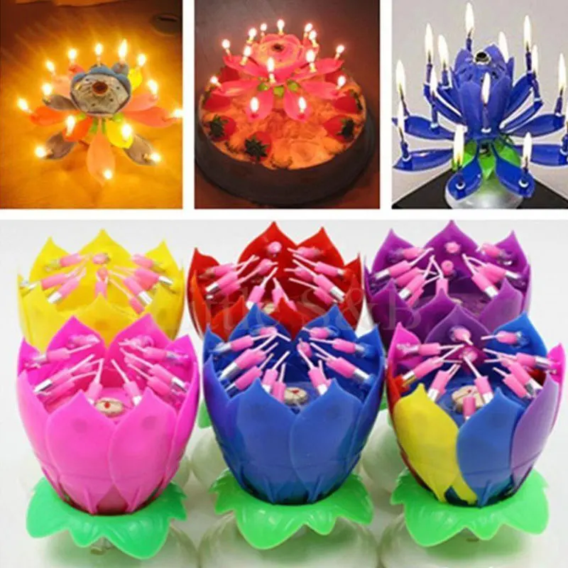 Innovative Party Cake Candle Musical Lotus Flower Rotating Happy Birthday Candle Light DIY Cake Decor For UR Families, Friends