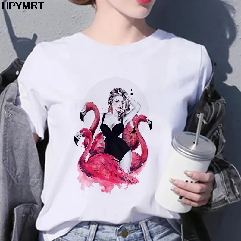 

New Flamingo beauty t shirt women fashion hipster Harajuku Short Sleeve t-shirt White Suitable all seasons Tshirt Tops clothing