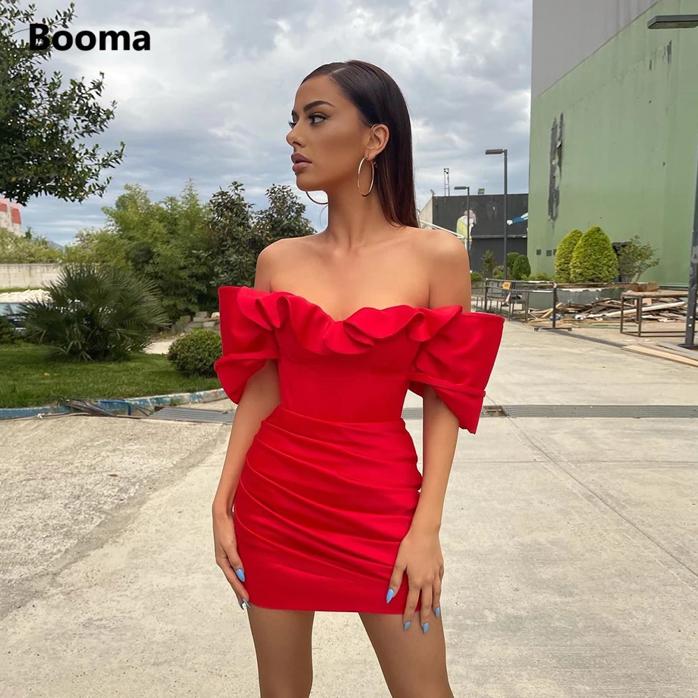 

Booma Red Off Shoulder Mini Cocktail Dresses Ruffles Satin Column Sexy Clubbing Dress Ruched Above Knee Formal Party Dresses