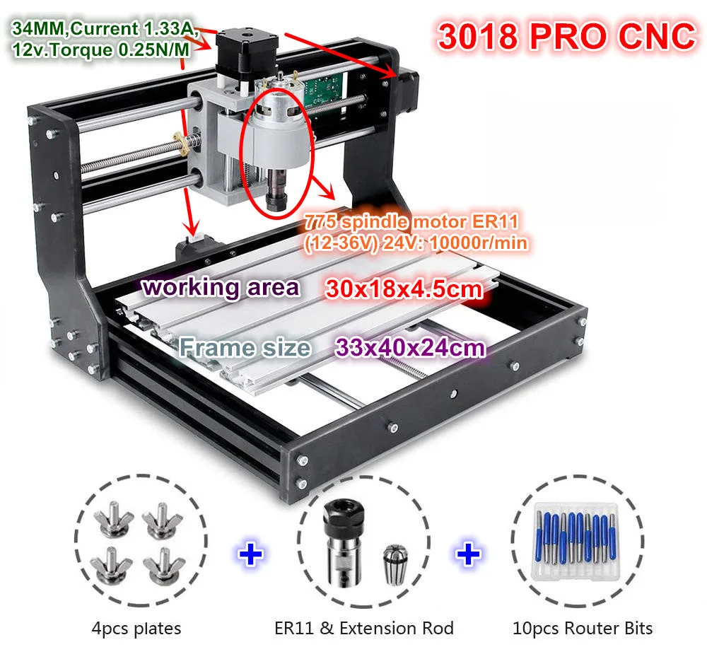 Fresadora de grabado láser de Pvc Pcb, enrutador de madera, 3 ejes, 3018 Pro CNC GRBL Control