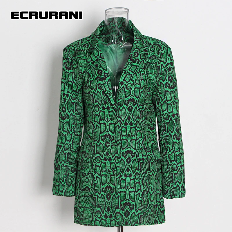 ECRURANI Green Print Casual Blazers For Women Notched Long Sleeve Patchwork Pockets Hit Color Coats Female Fashion Clothing 2021