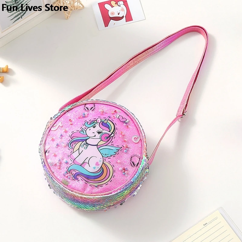 Round Shape Sequins Shoulder Handbag Unicorn Crossbody Coin Bag Children Kids Holiday Travel Pocket Pack Cartoon Phone Purse