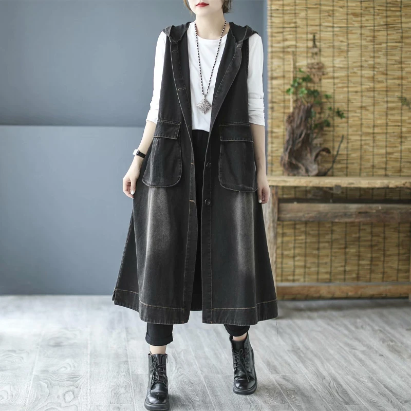 Masss Wasss Korean Style Denim Hooded Long Vest Coat 2021 Women Button Loose Vintage Waistcoats Female Punk Sleeveless Clothes