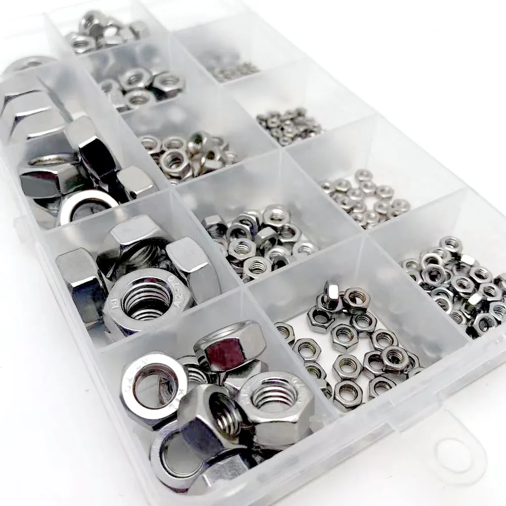 220/294pcs M1 M1.2 M1.4 M1.6 M2 M2.5 M3 M3.5 M4 M5 M6 M8 M10M12M16 304 Stainless Steel DIN934 Hex Hexagon Nut Set Assortment Kit
