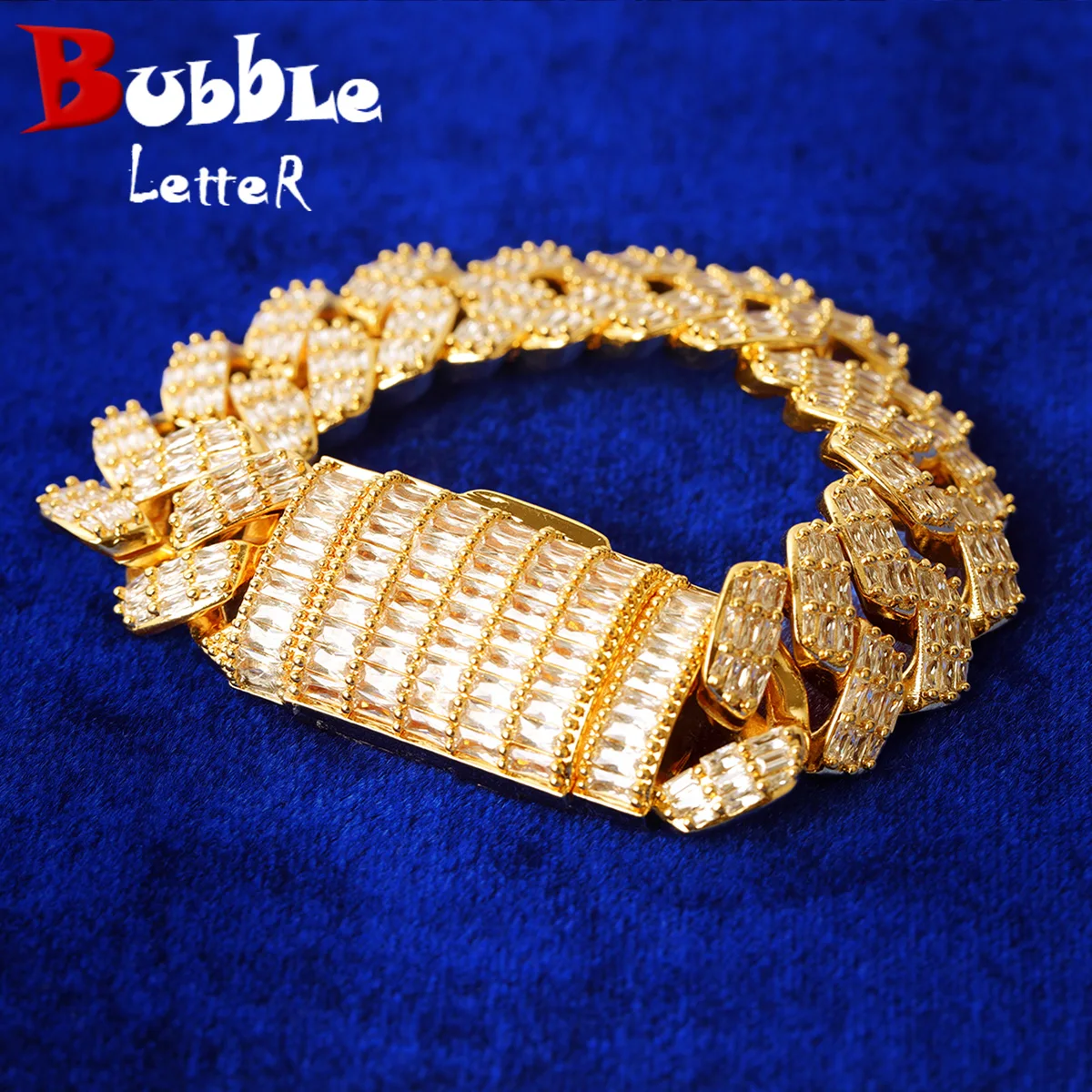 Bubble Letter Cuban Link Bracelet for Men Iced Out Hip Hop Baguette Jewelry Real Gold Color 2021 Trend