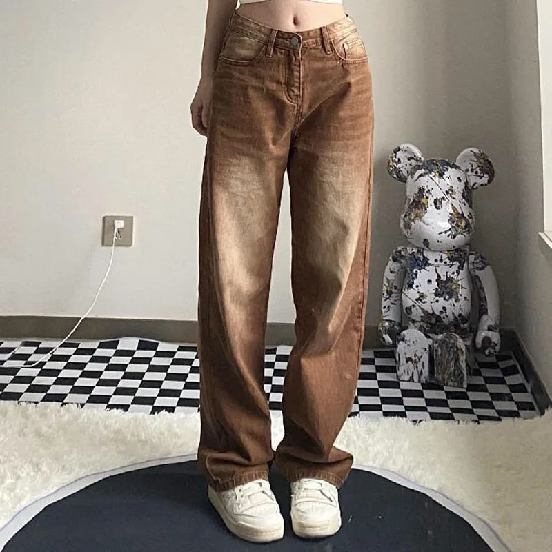 Brown Vintage Baggy Jeans Women 90s Streetwear Pockets Wide Leg Cargo Pants Low Waist Straight Denim Trousers 2021 Big Size XXL