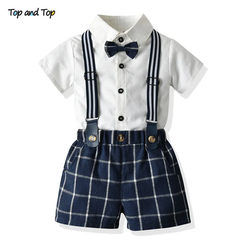 

Top and Top Fashion New Baby Boy Gentleman Set Cotton Short Sleeve Bowtie Shirt+Suspender Shorts Toddler Boy Casual Outfits