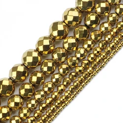 JHNBY Faceted Round Hematite Beads 2/3/4/6/8/10mm Natural Stone Ore Gold Color Loose Beads Ball Jewelry Bracelets Making DIY